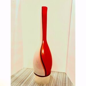 Tall Murano Art Glass Orange/White Bottle Neck Vase 14.5  x 4 In. Height.